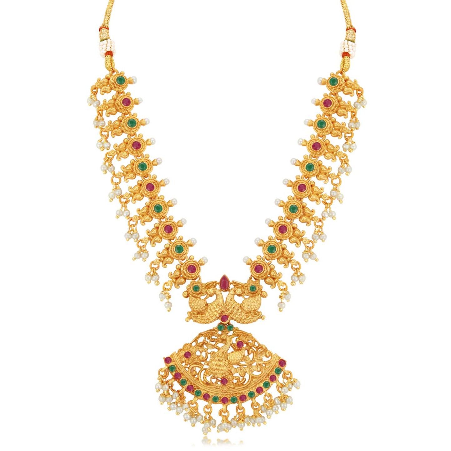 Sukkhi Classic Pearl Gold Plated Long Haram Necklace Set for Women (SKR70419), Pink & Green, Free Size