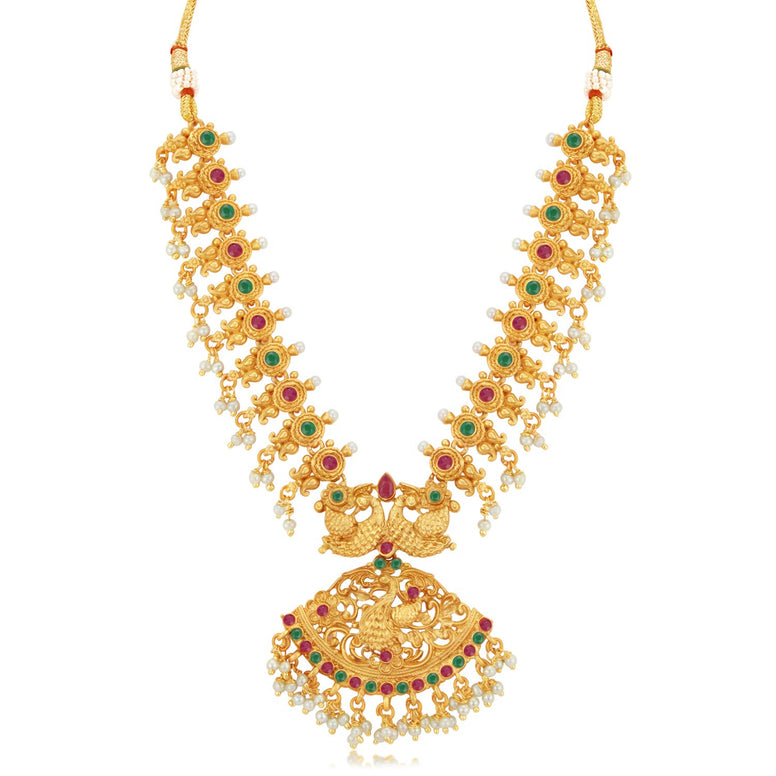 Sukkhi Classic Pearl Gold Plated Long Haram Necklace Set for Women (SKR70419), Pink & Green, Free Size