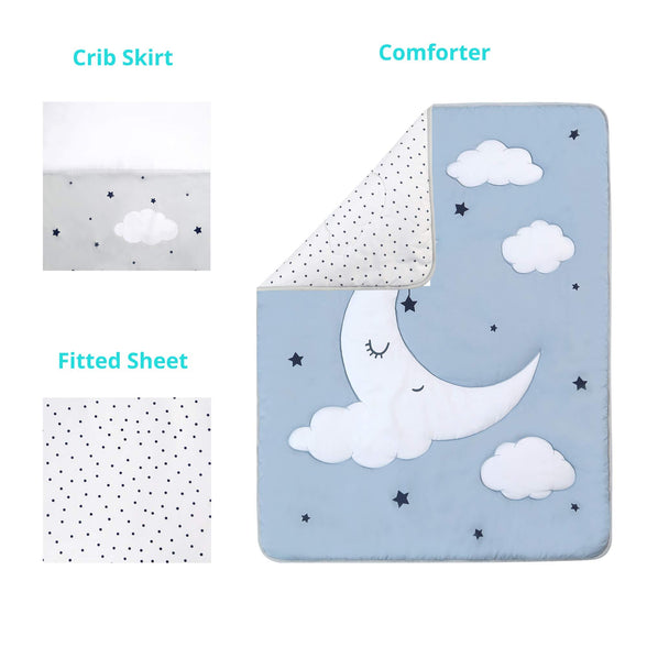 La Premura Sleeping Moon Baby Nursery Crib Bedding Set, 3 Piece Standard Size Crib Bedding Set, Blue and Grey