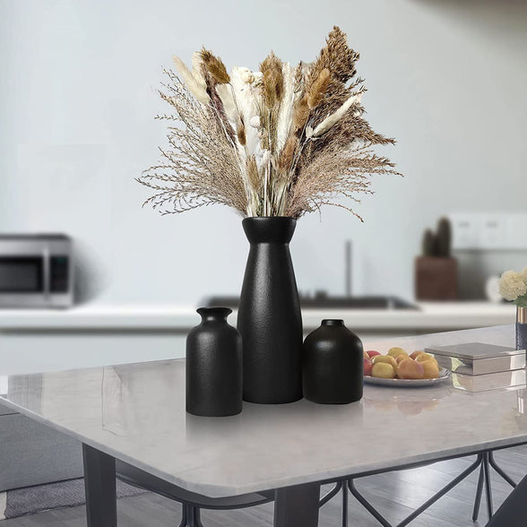 Black Ceramic vase Set-3 Small Flower vases for Decor,Modern Home Decor, Vases for Decor,Pampas Grass Vase,Dried Flowers Vases,Living Room,Table Shelf, Centerpieces Decoration