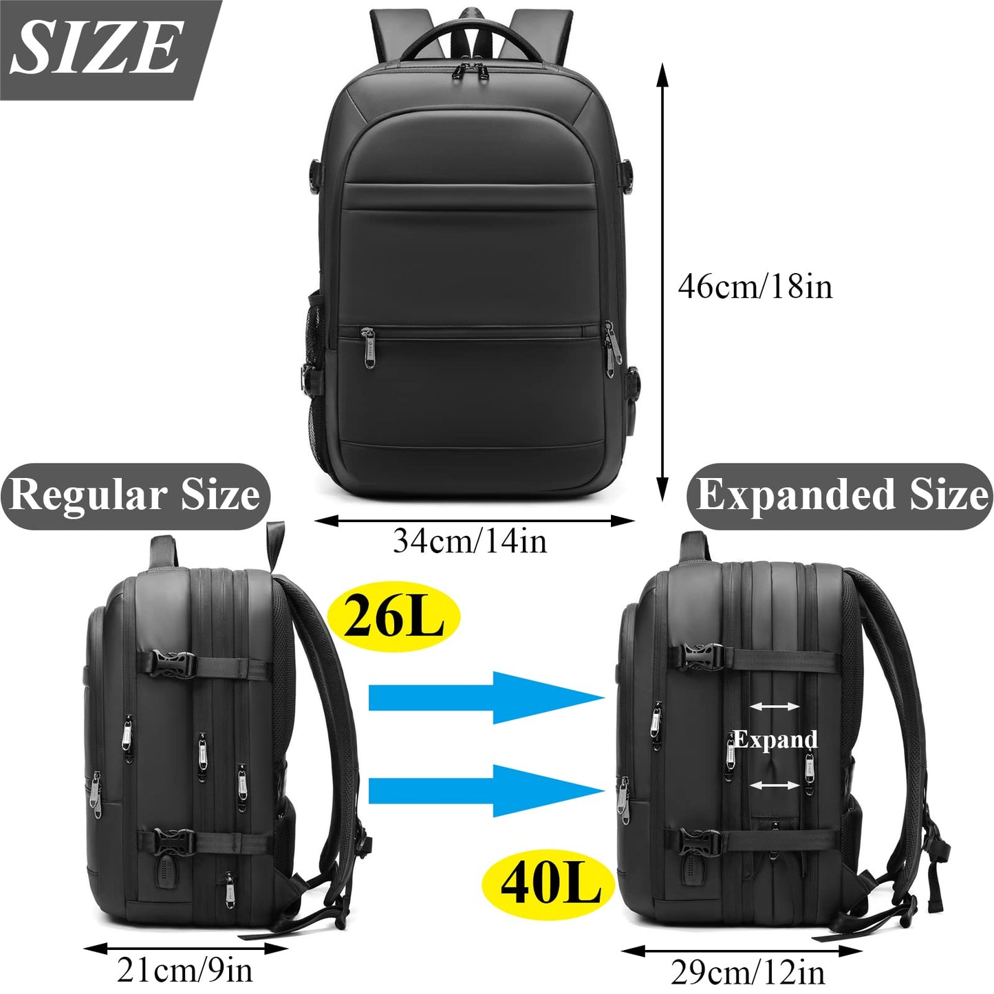 Qiccijoo Travel Backpack 40L Flight Approved Carry On Backpack for Men Women Expandable Large Luggage Backpack 17 Inch Waterproof Laptop Backpack Business School Weekender Overnight Backpack
