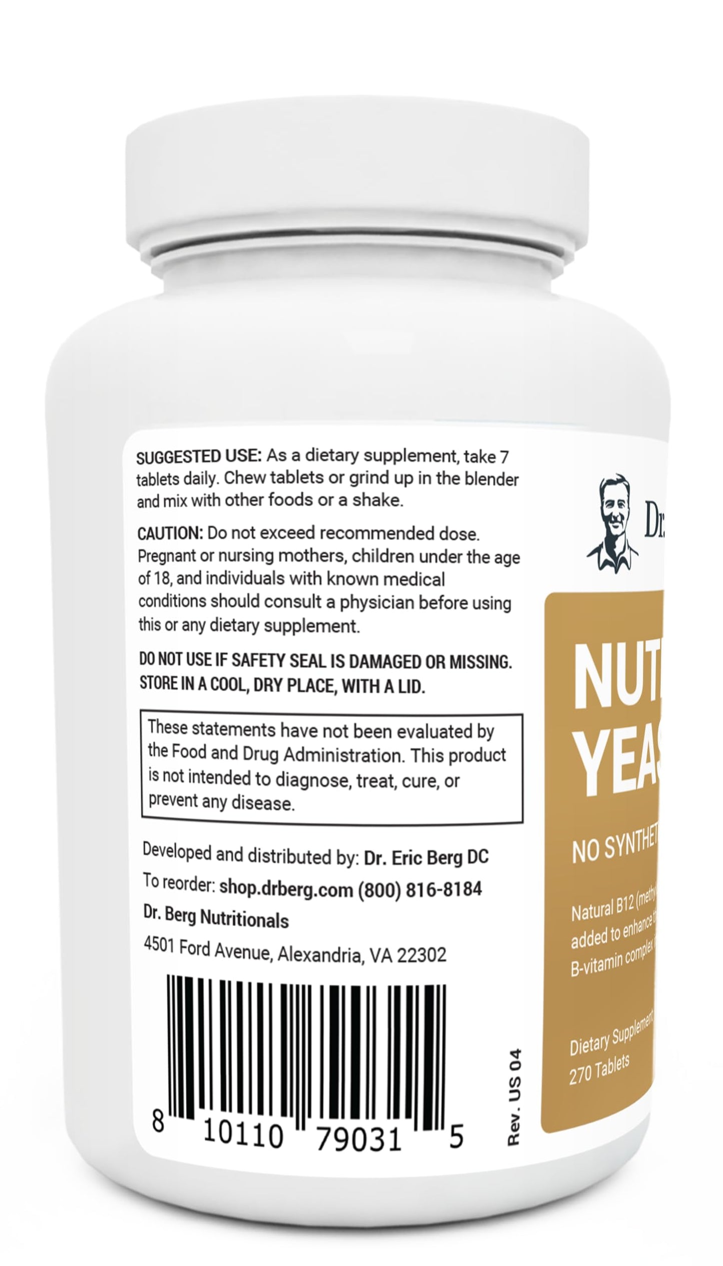 Dr. Berg's Nutritional Yeast Tablets – Non-Fortified Natural B12 Added - with All 8 B Vitamin Complex – No Gluten Non-GMO Non Synthetics - 270 Vegan Tablets Dietary Supplements