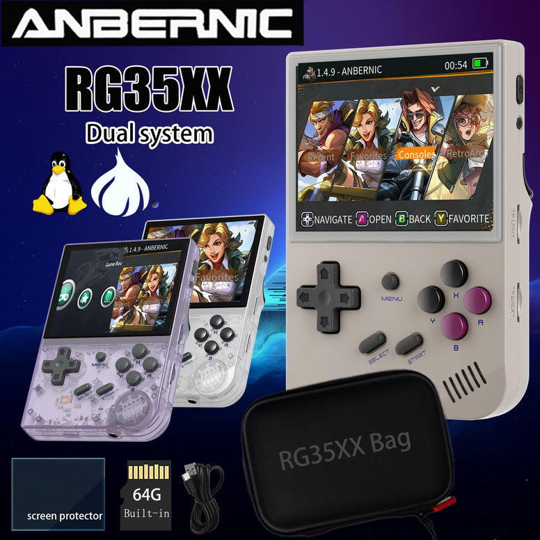 RG35XX Linux Handheld and Garlic Handheld Game Console 3.5'' IPS Screen, 35xx with a 64G Card Pre-Loaded 6900 Games, RG35X Supports HDMI and TV Output 2600mAh Battery with Bag RG35XX