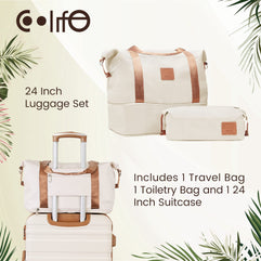 COOLIFE Suitcase Trolley Carry On Hand Cabin Luggage Hard Shell Travel Bag Lightweight with TSA Lock,The Suitcase Included 1pcs Travel Bag and 1pcs Toiletry Bag (White/Brown, 24 Inch Luggage Set)