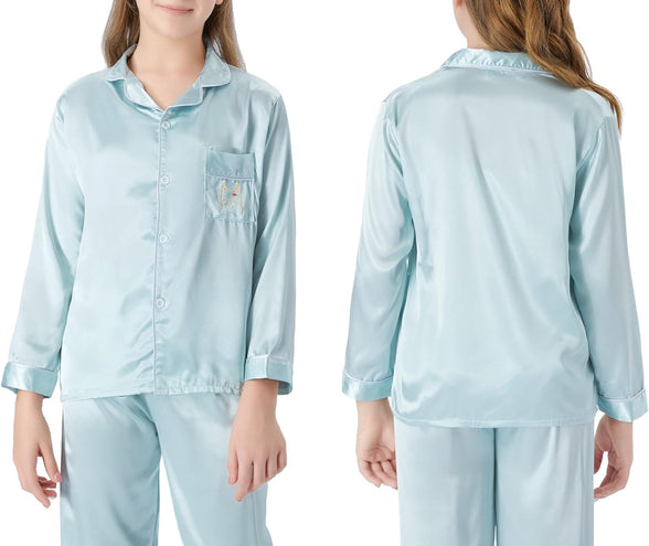 Satin Pajamas for Girls – Coat Style Unicorn Long Sleeve Silk Button Down PJ Set Size 6-16