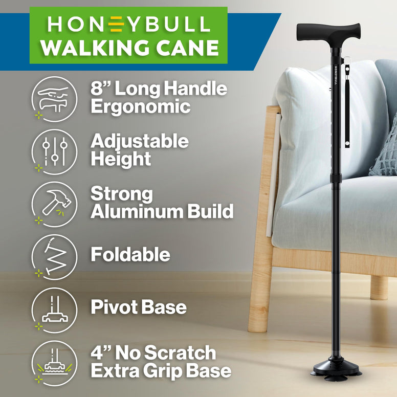 HONEYBULL Walking Cane for Men & Women - Foldable, Adjustable, Collapsible, Free Standing Cane, Pivot Tip, Heavy Duty, with Travel Bag | Walking Sticks, Folding Canes for Seniors & Adults