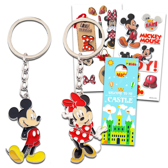 Disney Mickey and Minnie Mouse Keychain Set - Disney 2 Pc Keychain Bundle Featuring Mickey and Minnie for Kids, Men, Women Plus Stickers and More (Mickey and Minnie Party Favors)