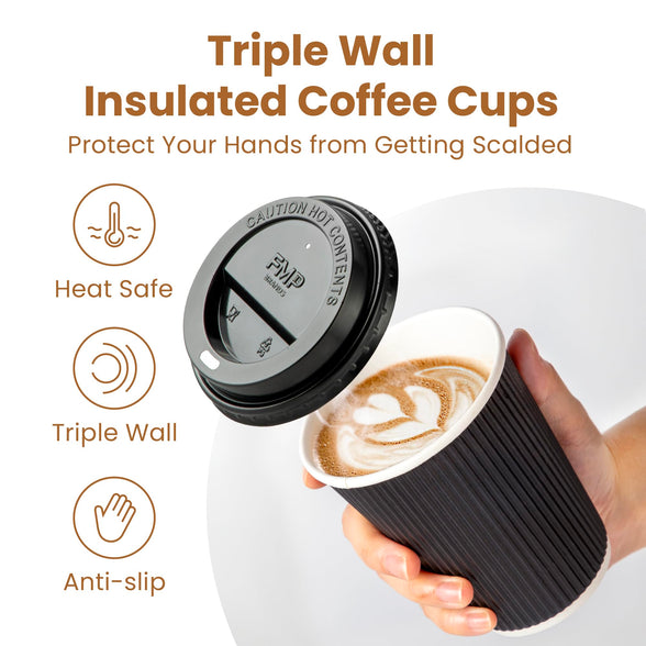 Fit Meal Prep [50 Pack] Disposable Hot Cups with Lids - 12 oz Black Double Wall Insulated Ripple Sleeves Coffee Cups with Black Dome Lid - Kraft Paper Cup for To Go Chocolate, Tea, and Cocoa Drinks