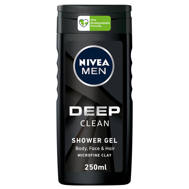 NIVEA MEN 3in1 Shower Gel Body Wash, Cleansing DEEP Micro-Fine Clay, Woody Scent, 250ml