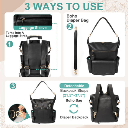 MOMINSIDE Diaper Bag Tote Leather Diaper Bag Backpack with 14 Pockets for Mom Dad (Black), Black, Daypack Backpacks