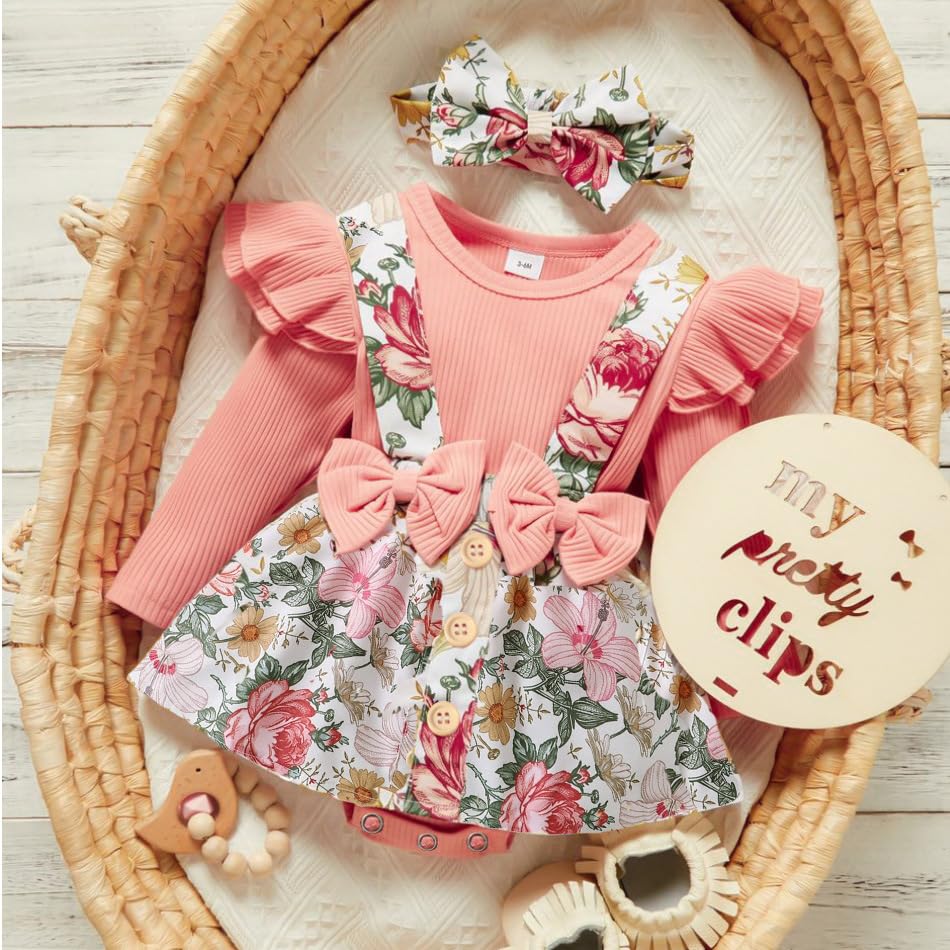 LUJENGEFA Newborn Baby Girl Clothes Floral Ruffle Long Sleeve Romper Dress Jumpsuit With Bow Headband Fall Winter Outfit Set,  for 0-3 Months