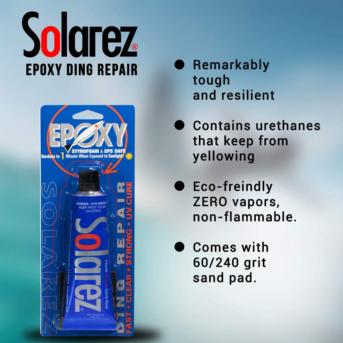 SOLAREZ UV Cure Epoxy Ding Resin Paddle Board & Surfboard Repair Kit (Tube, 1oz)