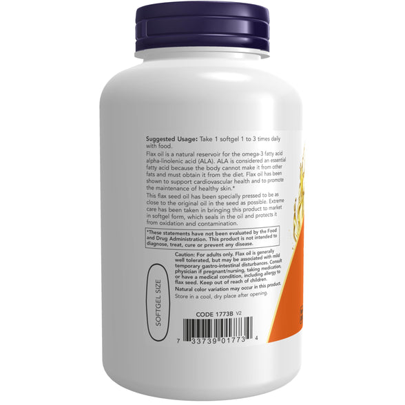 NOW Supplements, Flax Oil 1000 mg with Essential Omega-3s, Cold Pressed, Hexane Free, Vegan Formula, 120 Veg Softgels