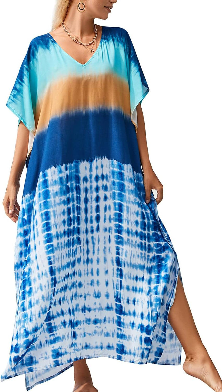 YouKD Maxi Dress V-Neck Kaftan Boho Robes Beach Cover-ups Dress Roomy Gowns for Women