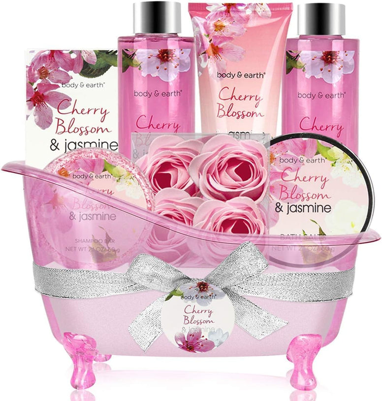 BODY & EARTH 8-Piece Spa Gifts for Women, Gift for Women, Cherry Blossom and Jasmine Fragrance, Bubble Bath, Shower Gel, Bath Salt, Birthday Gift for Women, Mum, Girlfriend