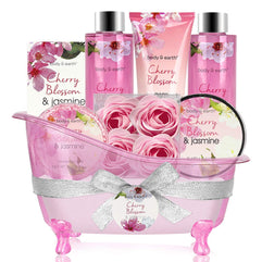 BODY & EARTH 8-Piece Spa Gifts for Women, Gift for Women, Cherry Blossom and Jasmine Fragrance, Bubble Bath, Shower Gel, Bath Salt, Birthday Gift for Women, Mum, Girlfriend