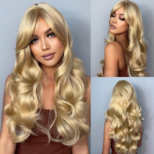 Eacam Long Wigs Golden Curling Hair Wigs with Bangs Wavy Hair Wig with Hair Net Heat Resistant Synthetic Long Wigs for Women