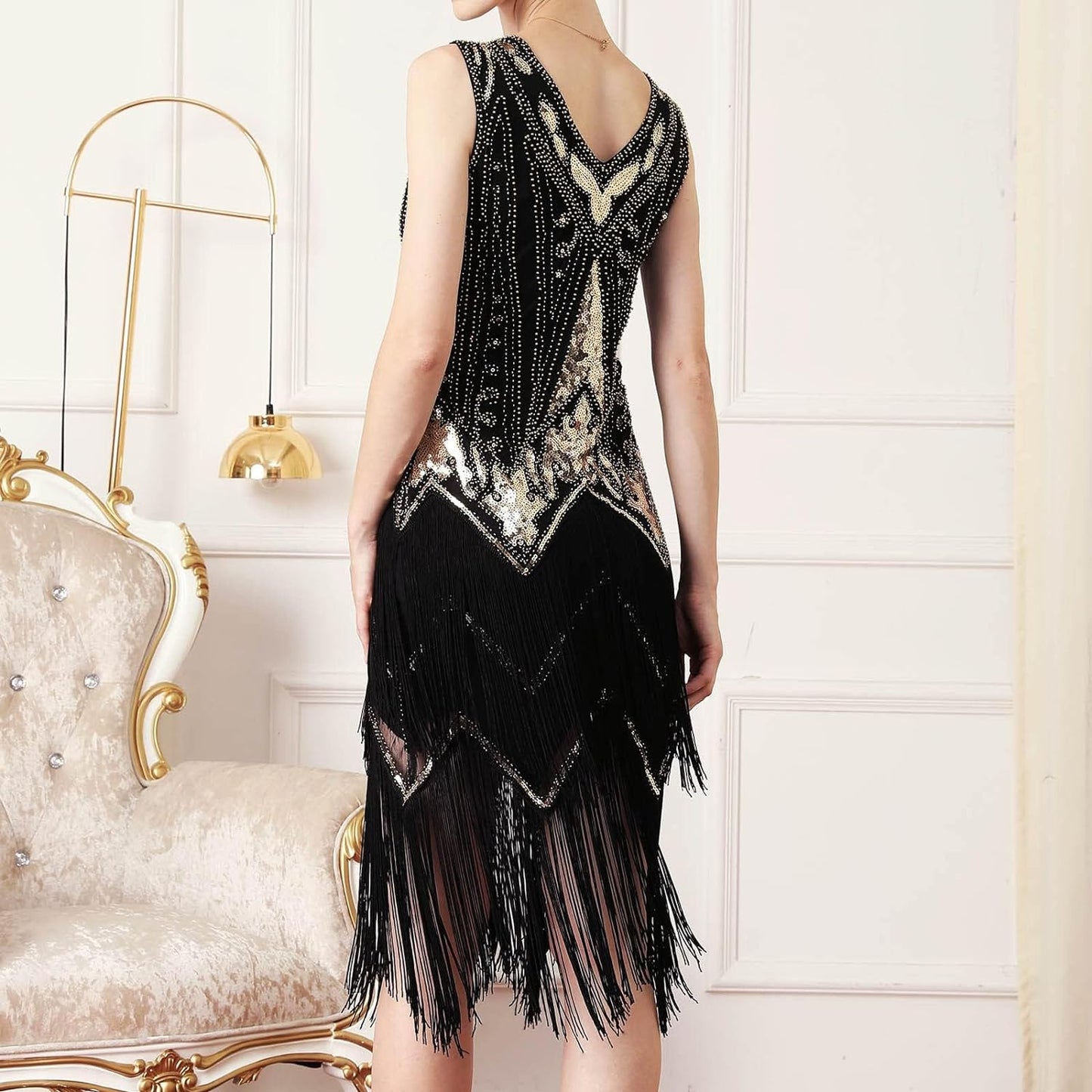 Great Gatsby 1920's Party Sequin Tassel Flapper Dress V Neck Vintage Beaded Evening Dress, Blackgold/M