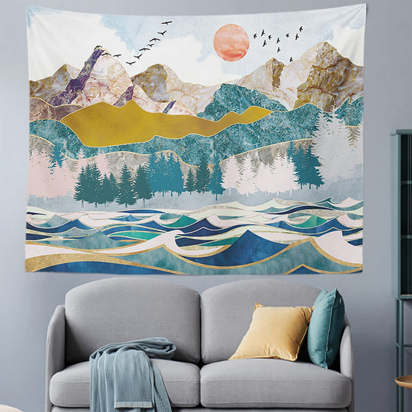 Mountain Tapestry Forest Wave Landscape Tapestry Large Nature Landscape Wall Hanging, Aesthetic Tapestry For Living Room Bedroom Wall Art Nature Home Decor (150x130cm)