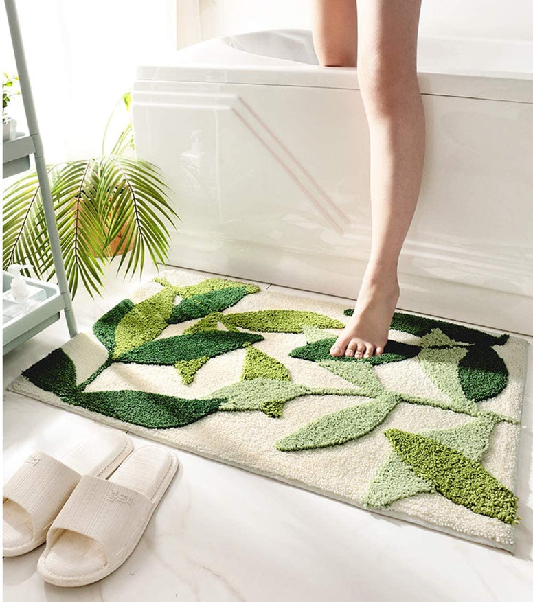 Green Leaves Bath Mats Bathroom Rugs Non-Slip Soft Microfiber Absorbent Machine Washable Entrance Doormat for Bathroom Floor Tub Shower 17.5 X 25.5 Inches