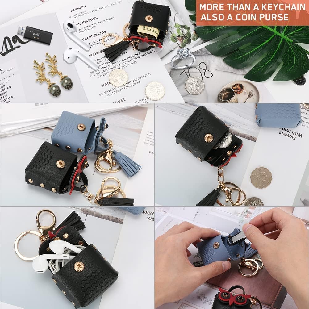 Owl Cute Keychain Leather Keychain with Lobster Clasp Keyring Tassel Coin Purse Keychain for Women Men kids Purse Bandbag Backpack Wallet Decor Gift 2Pcs(Black + Blue)