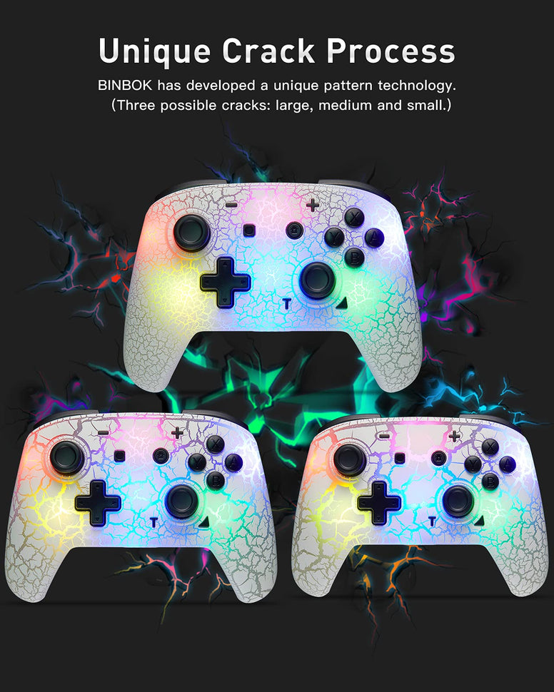 BlNBOK Switch Controller, Wireless Switch Pro Controller for Switch/Switch Lite/Switch OLED, 8 Colors Adjustable LED Wireless Remote Gamepad with Unique Crack/Turbo/Motion Control (White)