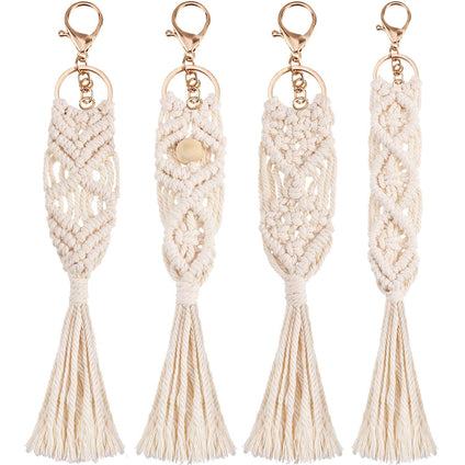 Keychain with Tassels, 4 Pieces Mini Macrame Keychains Boho Macrame Bag Decoration, Keys Charms with Tassel Handcrafted Accessory for Car Key Purse Phone Supplies, Beige