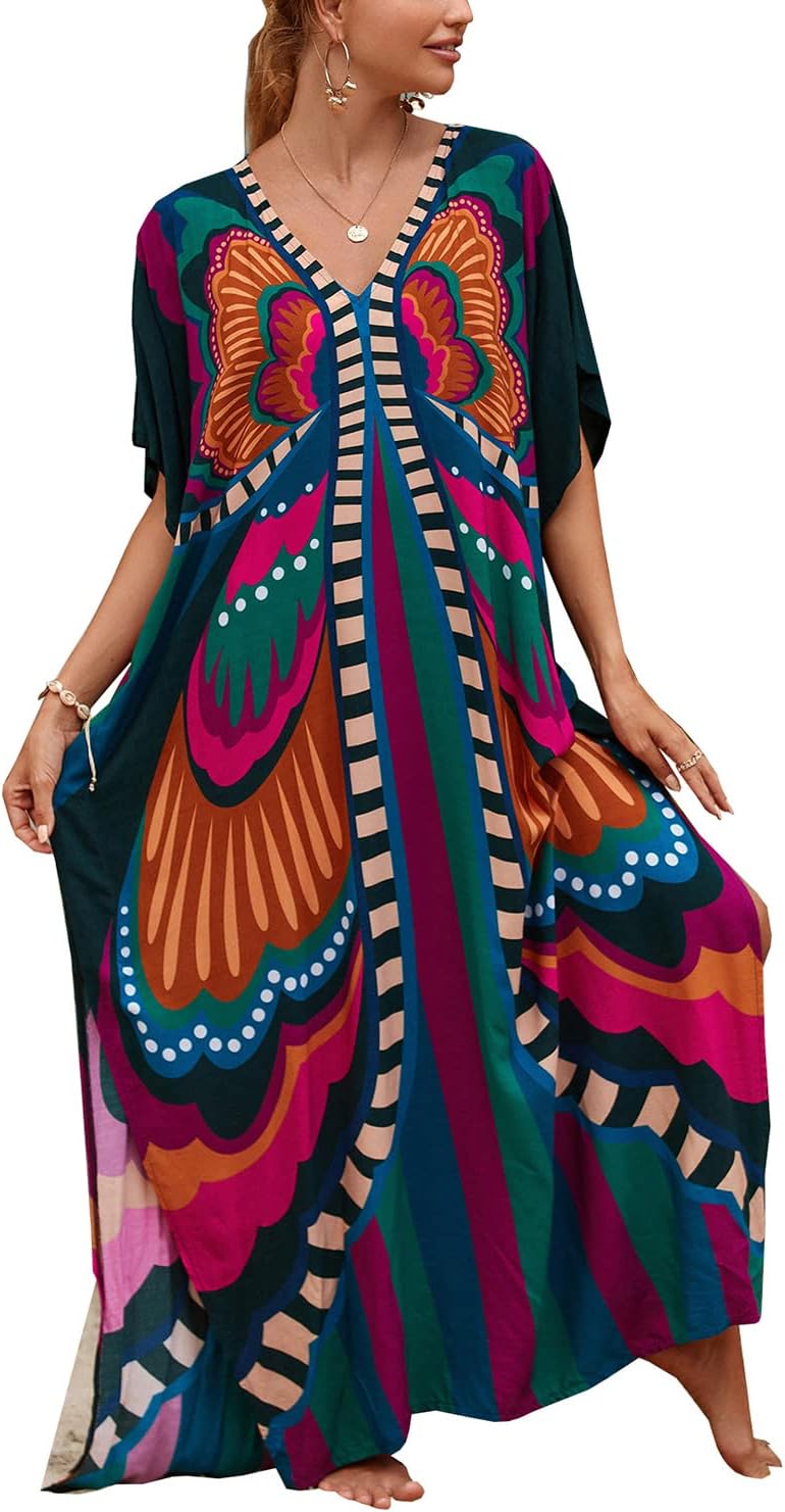 YouKD Summer Long Kaftan Bohemian Loungewear Beach Swimsuit Cover Up Maxi Dress for Women