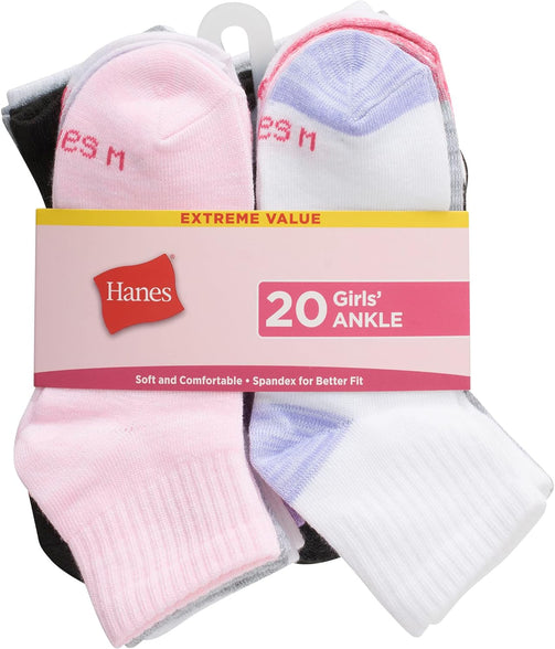 Hanes girls Lightweight Stretch Ankle Socks Super Value Pack, Assorted Multi-color 20-pair Pack, Large Socks (pack of 20)