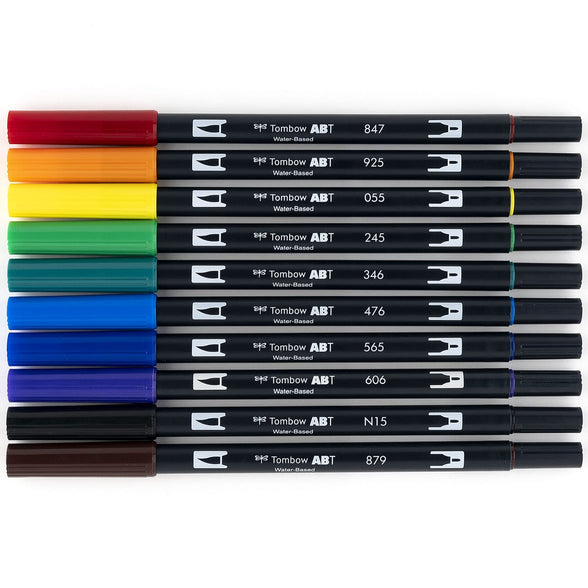 Tombow Dual Water Based Markers, Twin Tip, Primary Palette Assorted Inks, 10/Pack (56167)