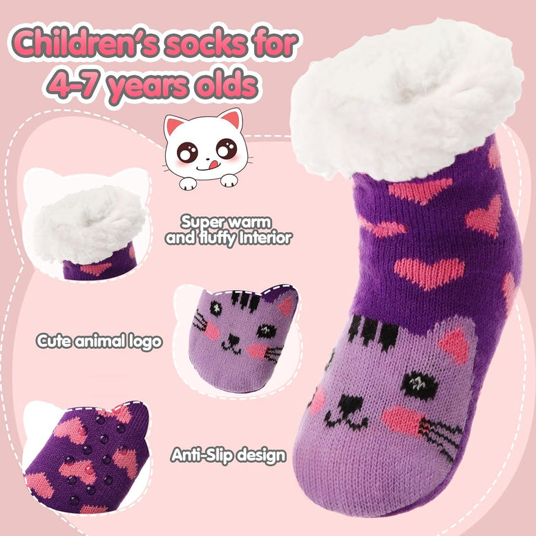 Suhine 6 Pairs Fuzzy Slipper Socks for Kids Warm Soft Boys Girls Fluffy Socks with Non Slip Grippers Animal Kids Fuzzy Socks Cute Winter Socks for Boys Girls