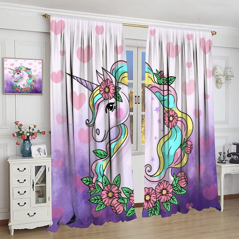 Cartoon Unicorn Kids Blackout Curtains,Cute Cartoon Purple Unicorns with Flower Pink Heart Purple Blackground for Girls Bedroom Windows Drapes Living Room Study 21x45in,2 Panel Set