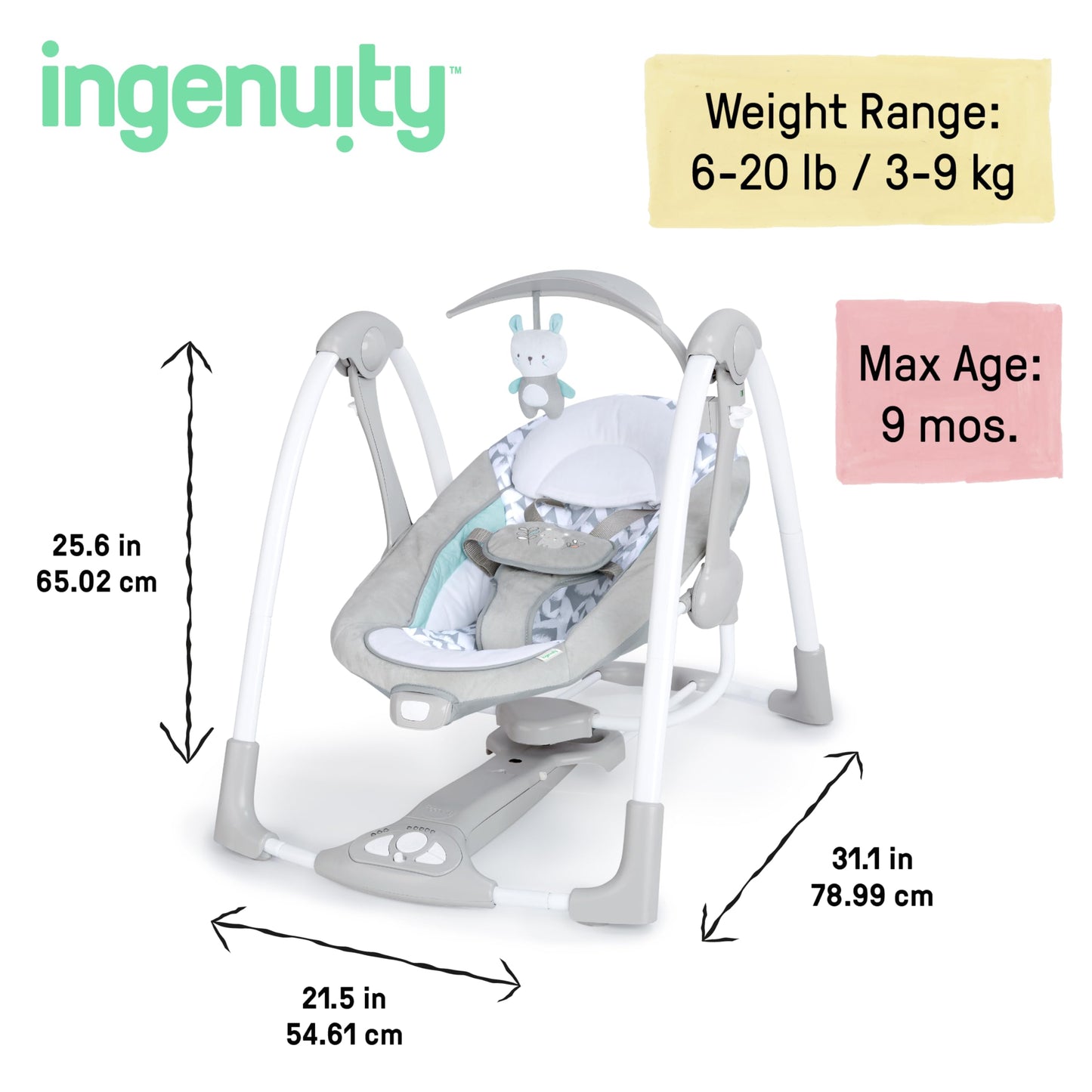 Ingenuity 12189-3 Convertme Swing-2-Seat - Raylan, Pack Of 1 - Blue and Grey - Safety Belt & Removable Baby Toys Swing for Baby