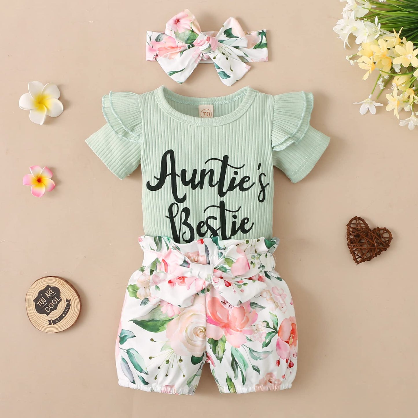 Auntie Baby Clothes Girl Newborn Baby Girl Outfits Short Sets, Sleeve Ribbed Romper Floral Shorts Clothes (0-3 Months)