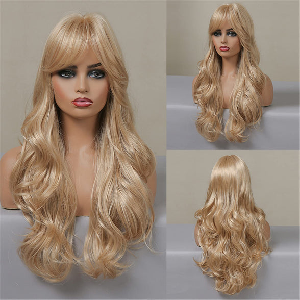 Eacam Long Wigs Golden Curling Hair Wigs with Bangs Wavy Hair Wig with Hair Net Heat Resistant Synthetic Long Wigs for Women