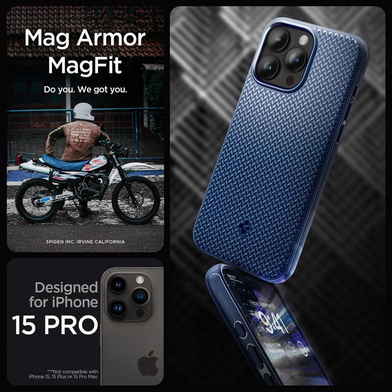 Spigen Mag Armor MagFit for iPhone 15 Pro case cover (2023) MagSafe compatible - Navy Blue