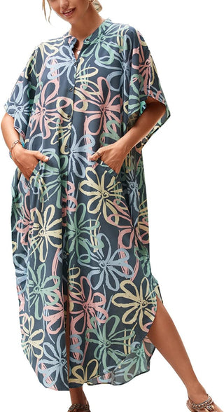 YouKD Summer Floral Loose Caftan Boho Beach Bikini Cover Up Dress Plus Size Robe for Women