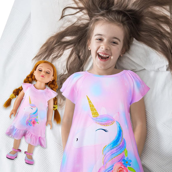 ICOSY Matching Girls & Doll Nightgowns Clothes Unicorn Pajamas Sleepwear Outfit for Girls and American 18" Girl Doll