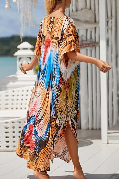 YouKD Maxi Dress V-Neck Kaftan Boho Robes Beach Cover-ups Dress Roomy Gowns for Women