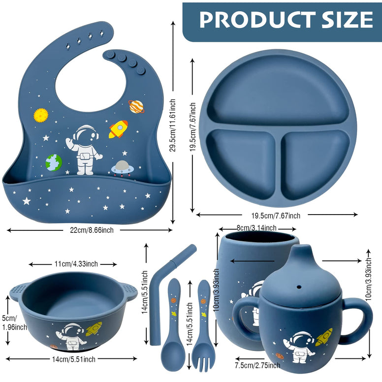 Baby Feeding Set,Baby Led Weaning Supplies- Silicone Suction Cup, Divider, Straw Cup - Toddler Self Feeding Cutlery Set with Bib, Spoon, Fork,Baby Food Feeder (Space & Dinosaur)