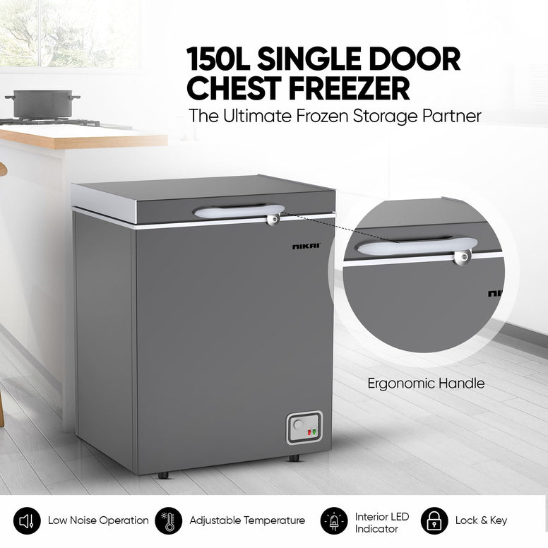 Nikai 150L Single Door Chest Freezer with Storage Basket, High Energy Efficiency Cooling System, Adjustable Temperature, Child Lock, Silent Operation, Ideal for Home & Restaurants - NCF150N7S Silver