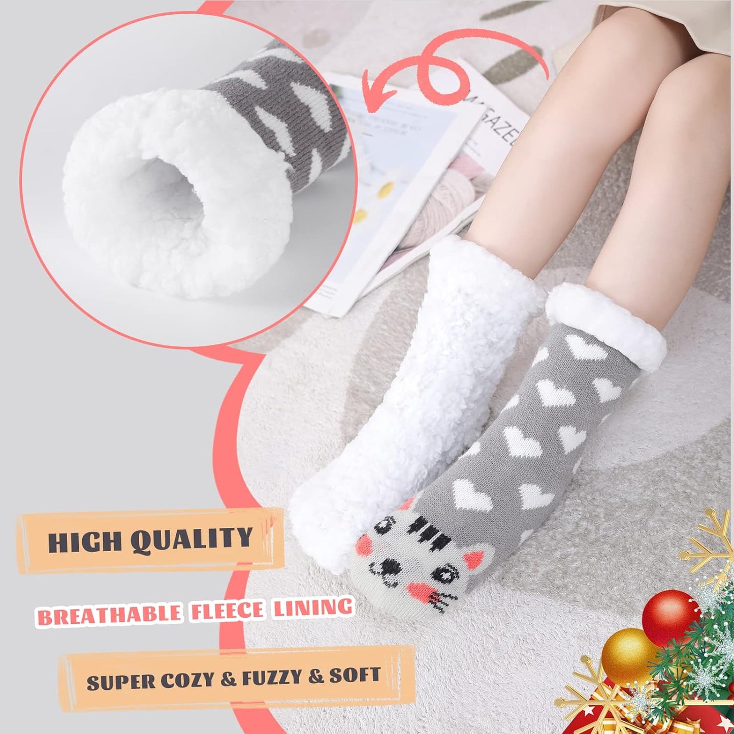 HERYEBING Kids Slipper Socks Boy Girl Chunky Knit Non Slip Socks Soft Fuzzy Warm Thick Fleece lined Christmas Stockings Child Toddler Winter Socks