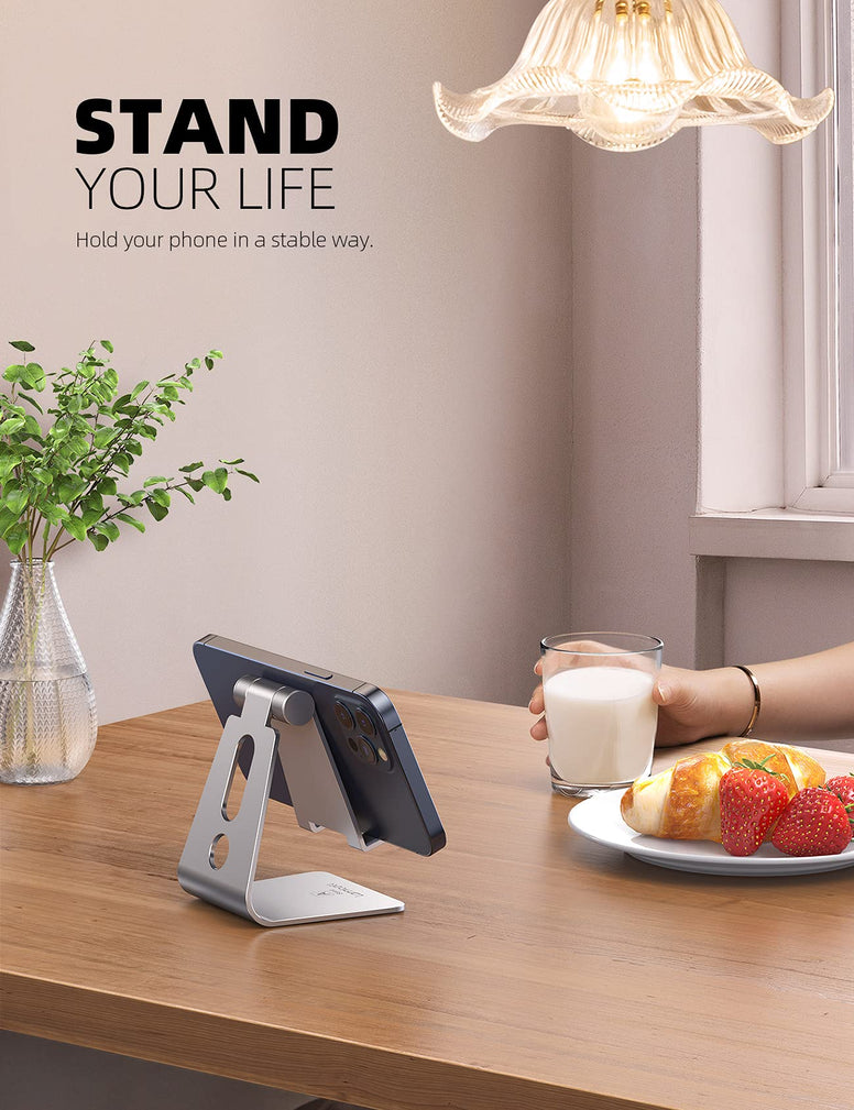 Adjustable Phone Stand, Lamicall Phone Stand: Phone Dock, Holder Compatible with All Android Smartphones, iPhoneiPhone 15/14/13/12/11 series XR XS Max 8p 8 7 7P 6S, Galaxy S6 S8 S9 S10 (Silver)