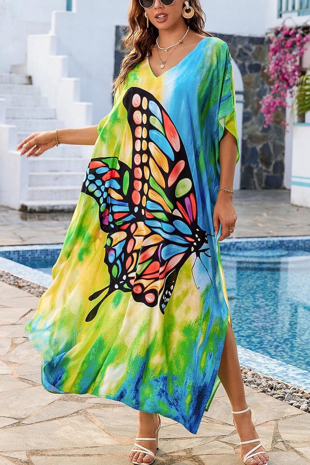 YouKD Women's Summer Bohemian Kaftan Plus Size Robe Beach Coverup Dress One Size Bathrobes