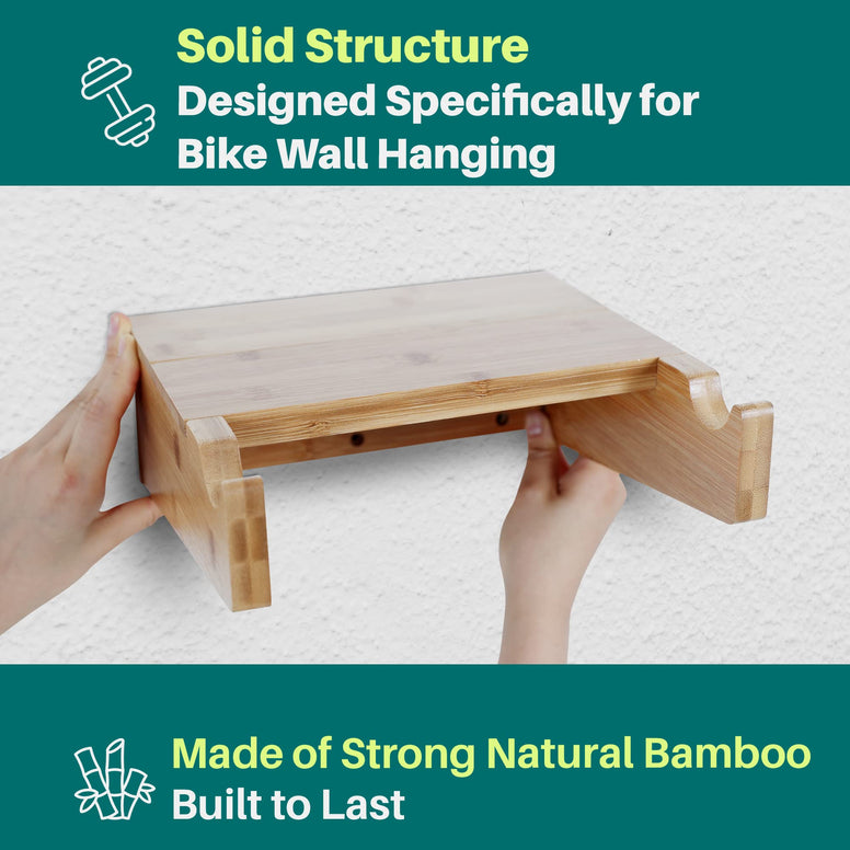 Wooden Road Bike Wall Mount with Shelf - Durable, Compact Wall Bike Rack for Garage, Home or Apartment - Elegant, Nature Friendly Bamboo Bicycle Wall Hanger - Space Saving Indoor Bike Storage Holder