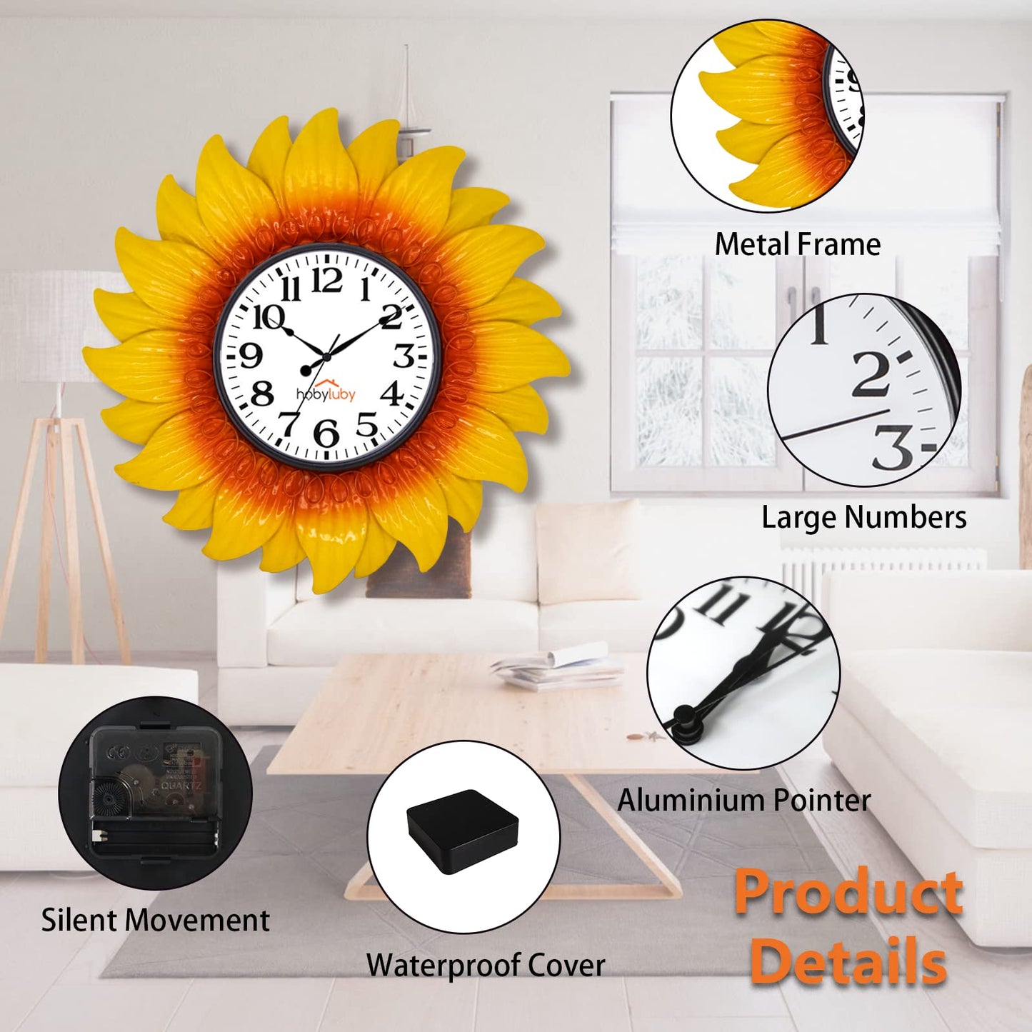 HOBYLUBY 13'' Indoor Outdoor Clock, Waterproof Sunflower Wall Clock Silent Non-Ticking for Patio, Home Decorations