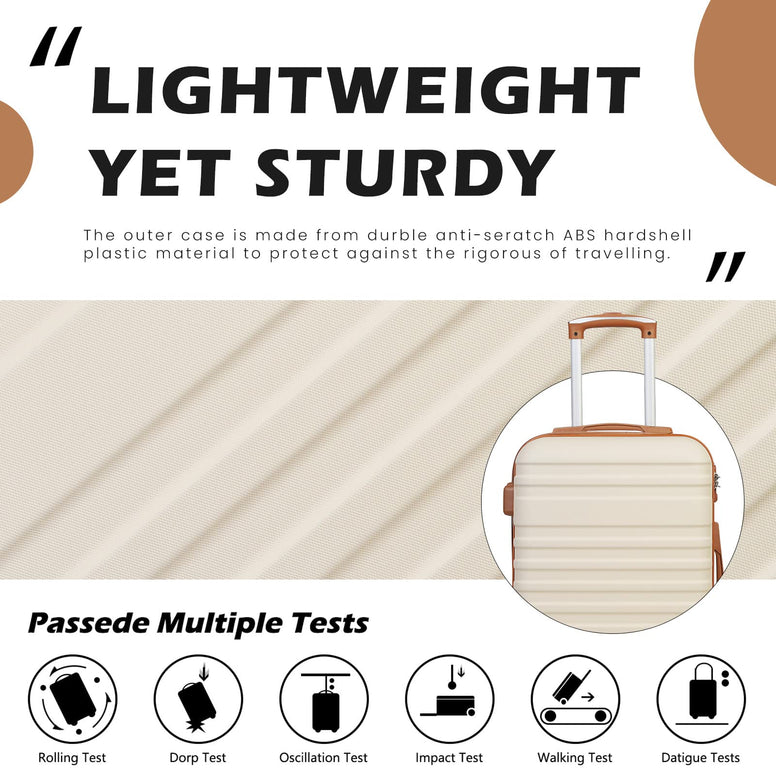 COOLIFE Suitcase Trolley Carry On Hand Cabin Luggage Hard Shell Travel Bag Lightweight with TSA Lock,The Suitcase Included 1pcs Travel Bag and 1pcs Toiletry Bag (White/Brown, 24 Inch Luggage Set)