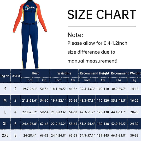 Happy Cherry Kids Wetsuits Girls Boys Neoprene Thermal Warm One Piece Swimsuit Long Sleeve UV Protection Back Zipper Rash Guard Diving Swimming Surfing 3-12 Years