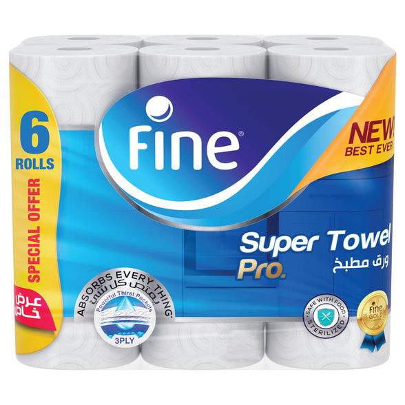 Fine® Super Towel Pro, Highly Absorbent, Fine Sterilized & Half Perforated Kitchen Paper Towel, 3 Plies,Pack of 6 Rolls