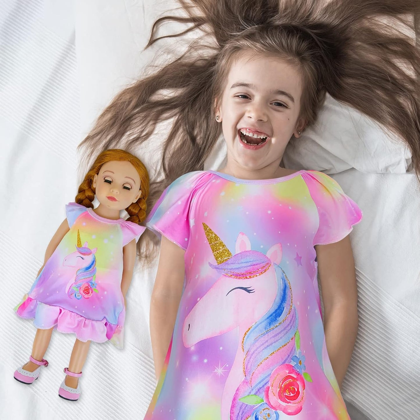 ICOSY Matching Girls & Doll Nightgowns Clothes Unicorn Pajamas Sleepwear Outfit for Girls and American 18" Girl Doll